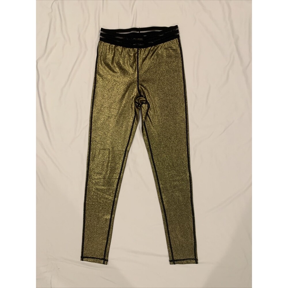 Mono B Active Fitted Ankle Length Leggings Gold Shimmer Sz S Sheer Waist
